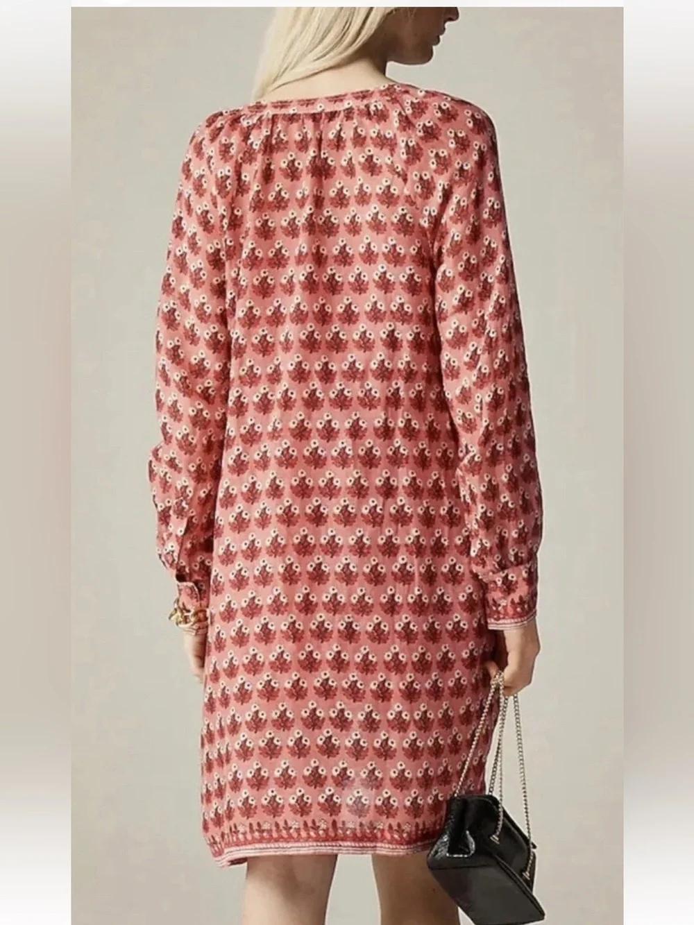 J. Crew Red/Pink Floral Cabana Mini Dress, Long Sleeve, 100% Ramie large